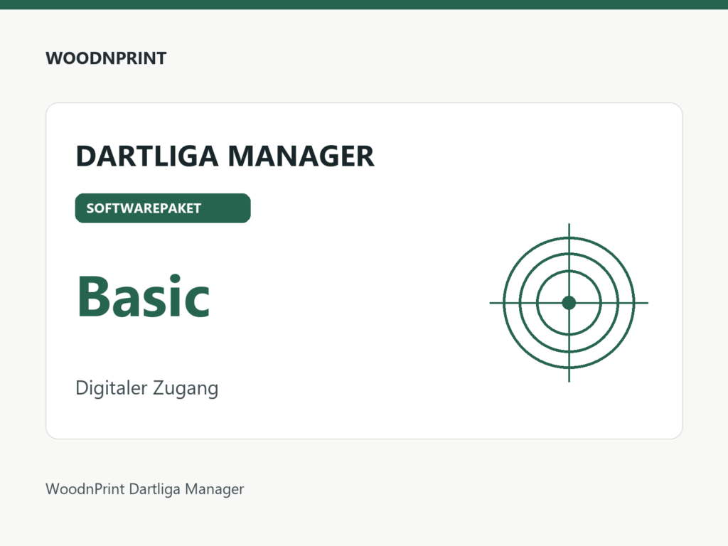 Produktgrafik für das Softwarepaket Basic des WoodnPrint Dartliga Managers. Digitaler Zugang.