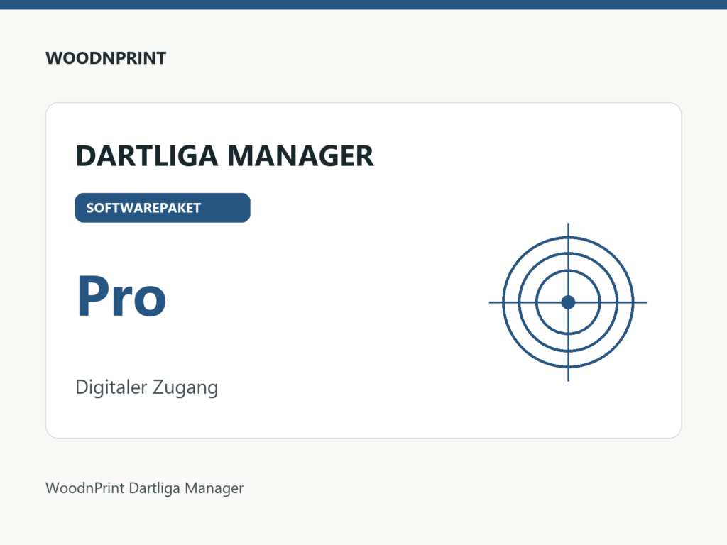 Produktgrafik für das Softwarepaket Pro des WoodnPrint Dartliga Managers. Digitaler Zugang.
